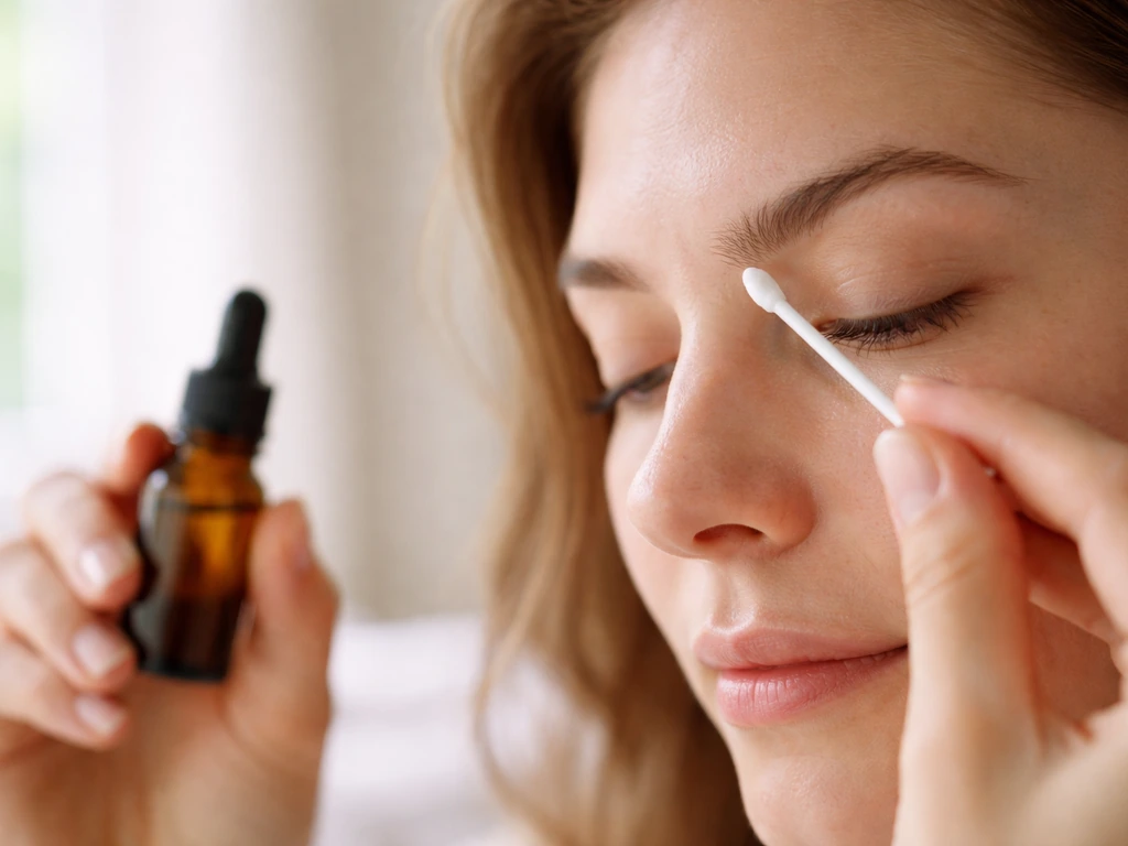 Close-up of careful eyebrow treatment with a cotton swab and small amber essential-oil bottle near the brows.