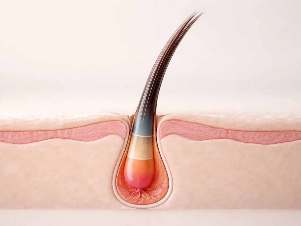 Minimal macro view of a single eyebrow hair follicle showing three growth phases in colored zones.