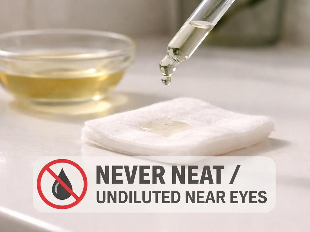 Close-up of diluted tea tree oil in a dropper over cotton pads, with a clear no-neat-near-eyes warning overlay.