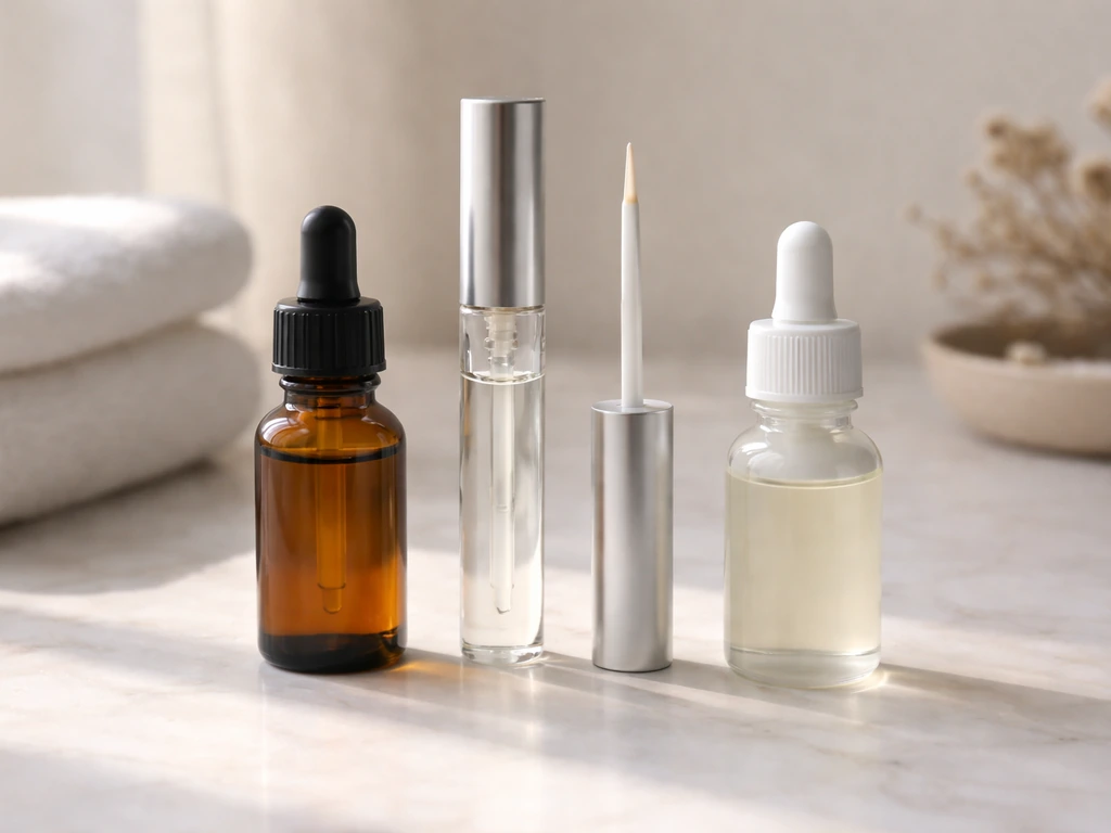 Brow-growth products laid out neatly: castor oil bottle, peptide serum wand, and a different applicator, on a vanity.