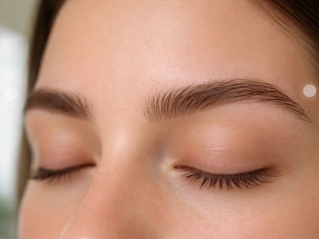 Photo-real close-up of eyebrows with subtle faint timeline markers suggesting a 2-week regrowth expectation