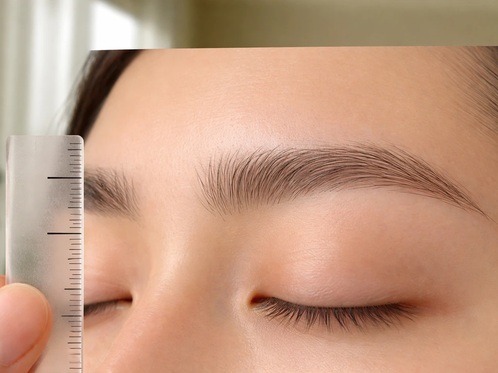 Close-up of eyebrows with a small ruler showing two tick marks for a subtle 14-day growth distance.