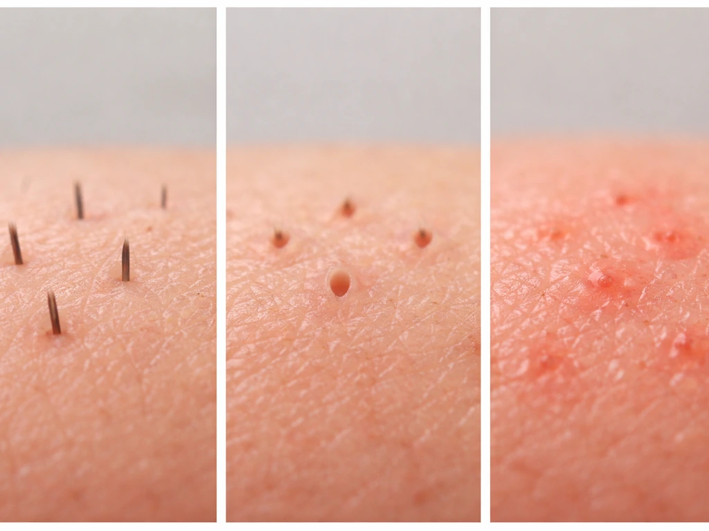 Three side-by-side close-ups showing shaving, plucking/waxing, and irritation affecting hair follicles differently.
