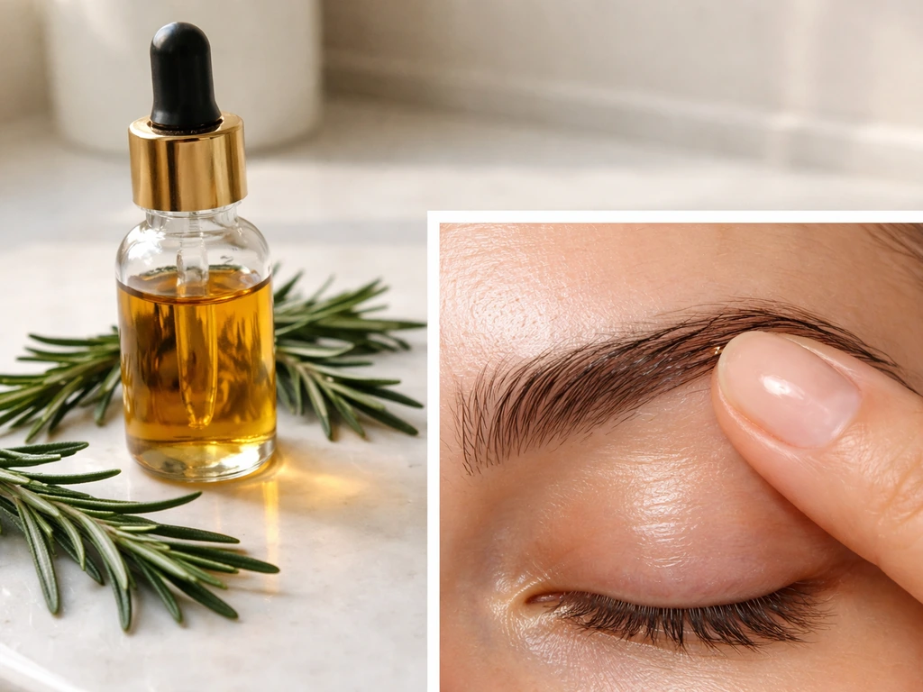 Rosemary oil bottle beside a person gently massaging eyebrows with oil in soft natural light.