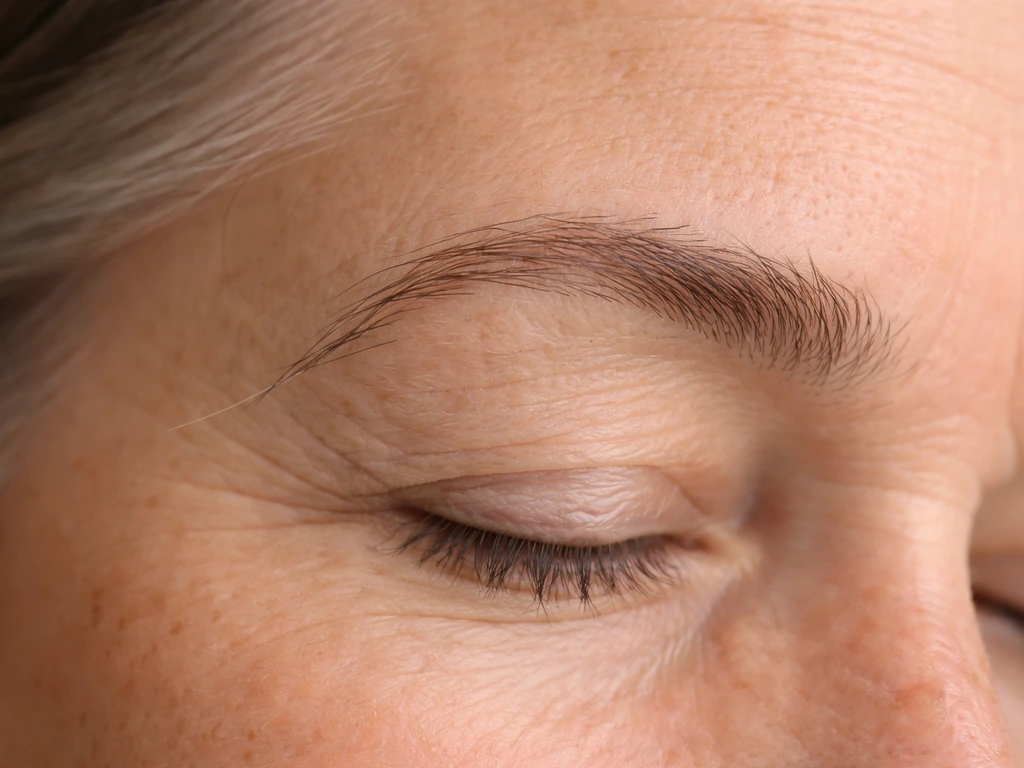 Close-up of older-adult eyebrows with a few longer stray hairs near the outer brow.
