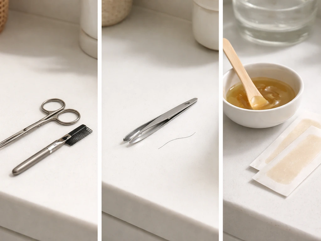 Bathroom vanity close-up with brow scissors, tweezers, and a waxing strip setup for long eyebrow hairs