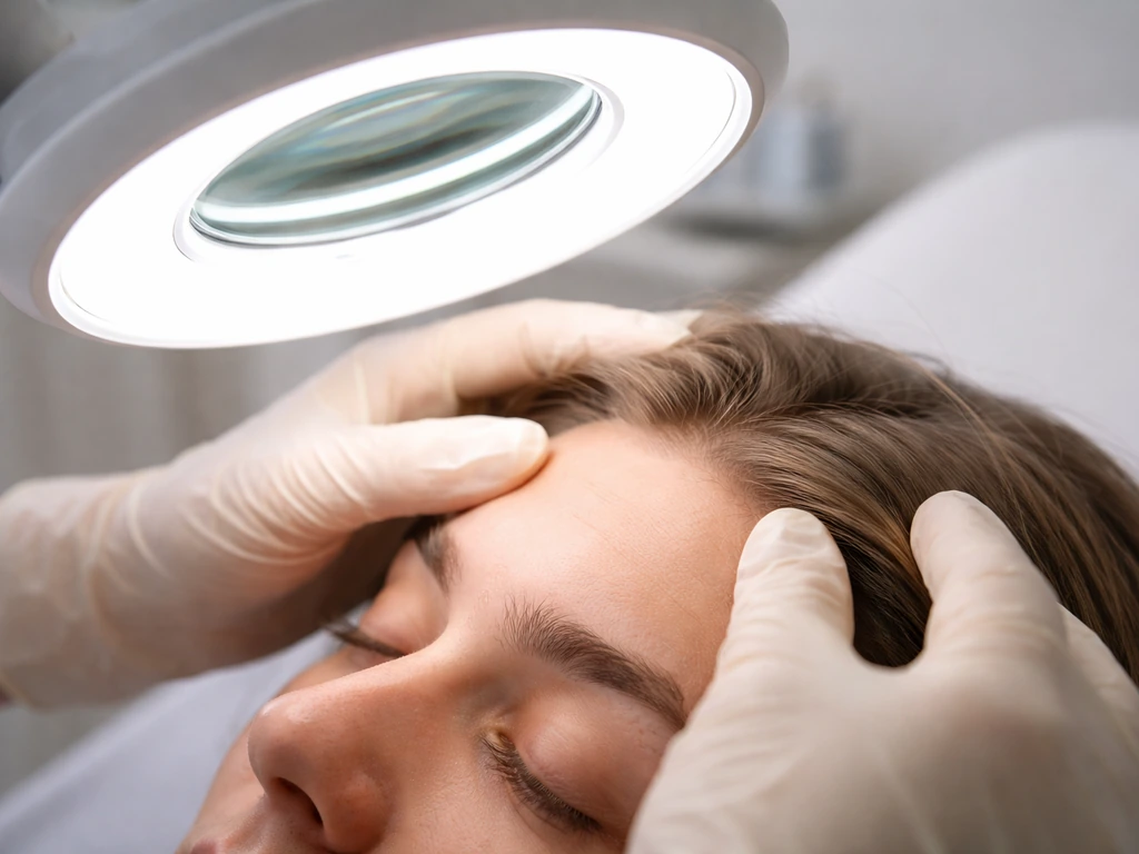 Clinician uses a magnifying lamp to inspect uneven eyebrows in a quiet clinic room.