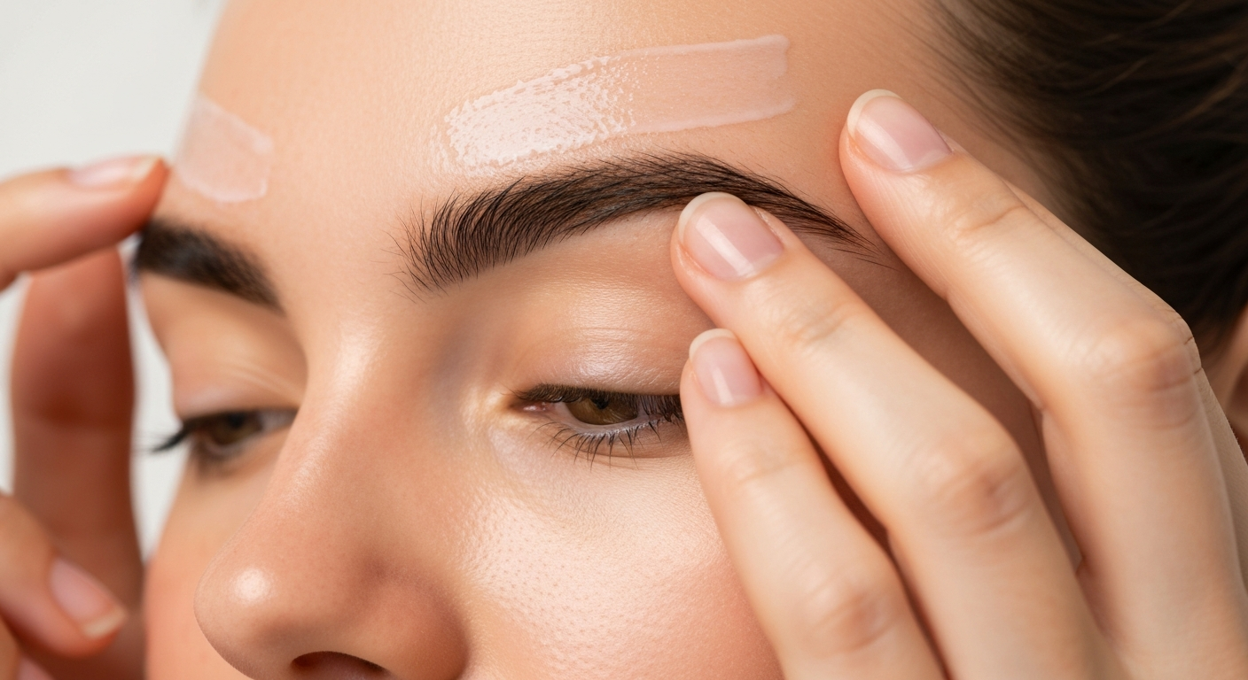 Close-up of fingertips gently massaging an eyebrow.