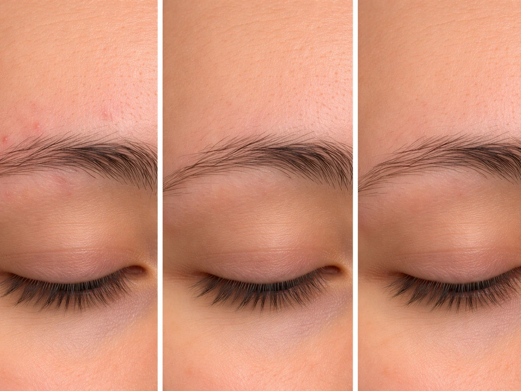 Minimal split scene showing eyebrow-area irritation, scarring texture, and mild redness on skin.