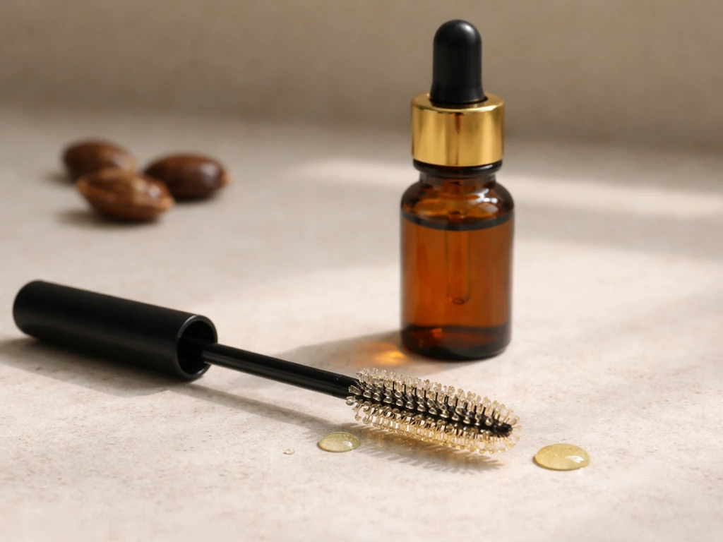 Close-up of castor oil bottle and small applicator with drops on a minimal countertop