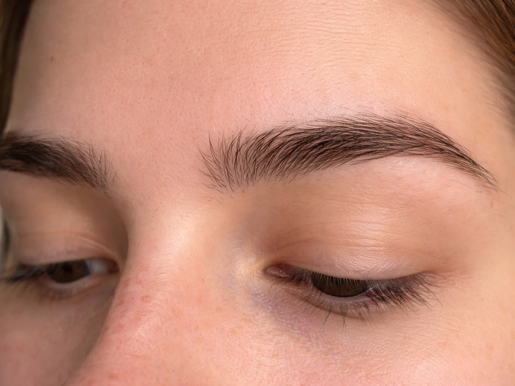 Close-up of eyebrows showing subtle day-3 stubble near a fuller brow area on natural skin.