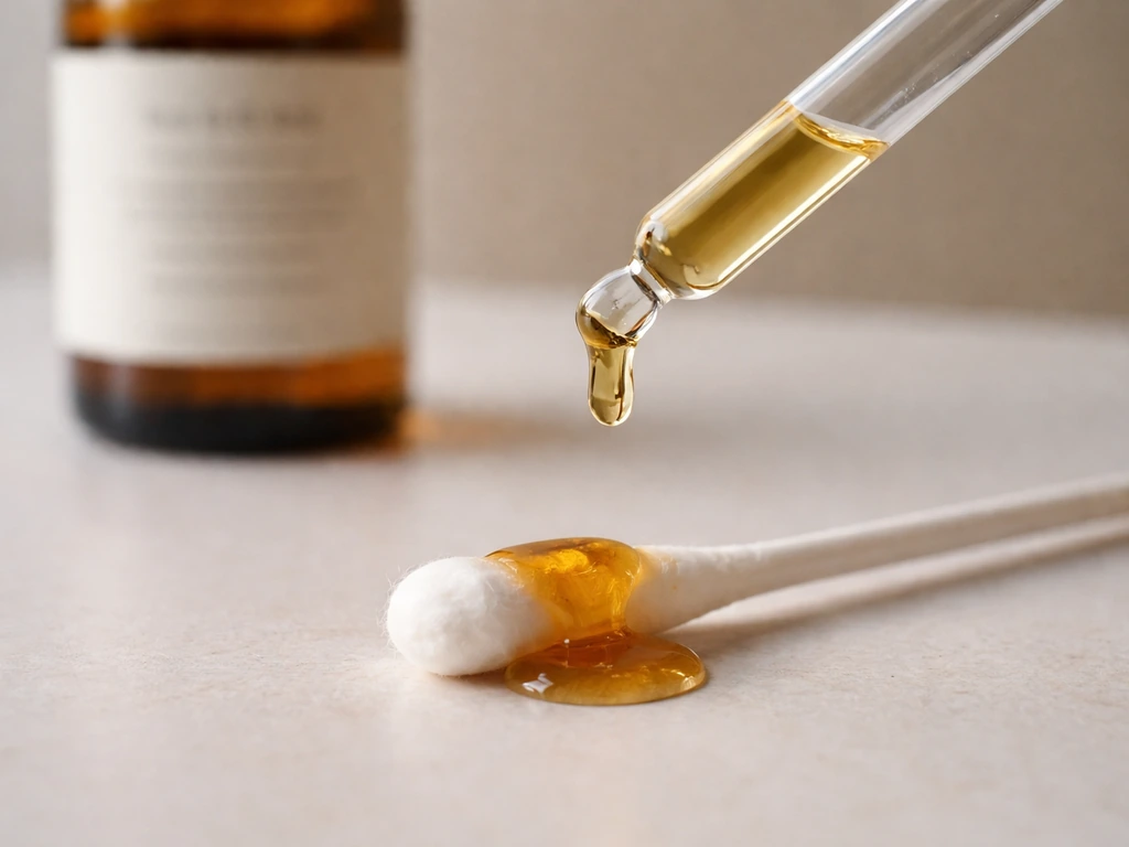 Castor oil dropper dispensing oil onto a cotton swab for brow application, with bottle label visible