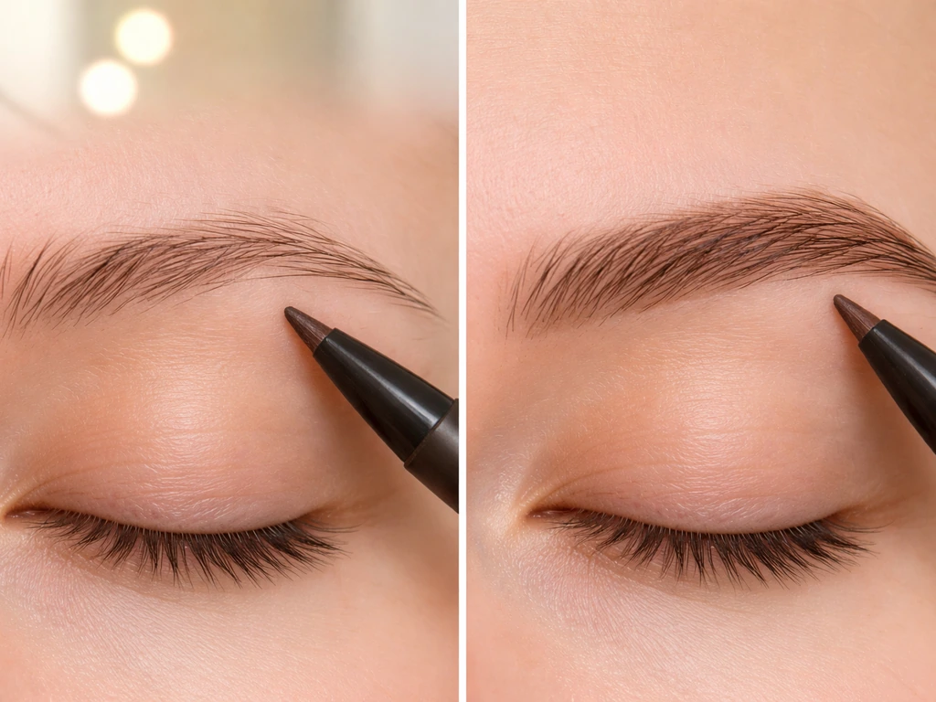 Close-up of an eyebrow being filled with a fine-tip pencil, sparse area visibly defined.