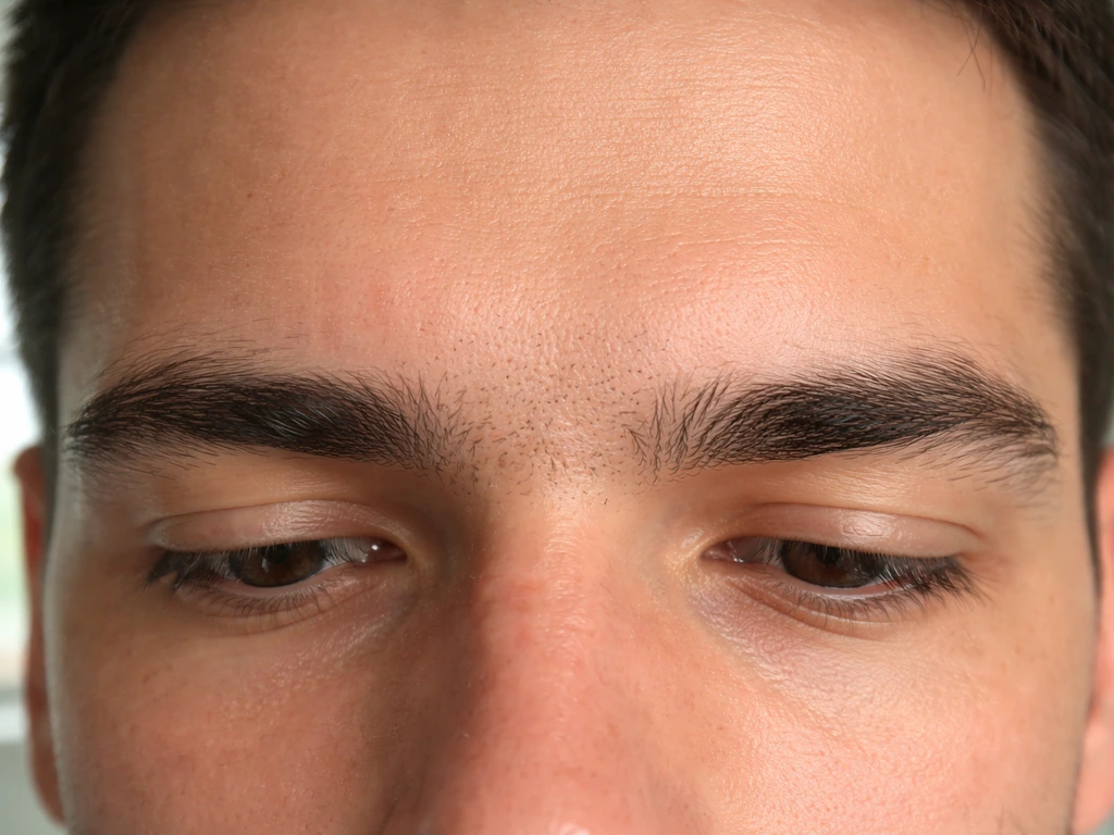 Close-up of a bare face with faint stubble filling the area between brows, showing regrowth texture