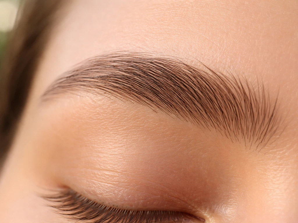 Macro close-up of eyebrow hairs and surrounding skin texture, softly lit to suggest hair growth support.