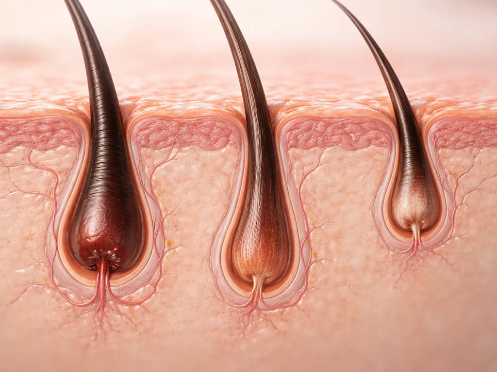 Macro view of an eyebrow hair follicle cross-section showing slow growth stages in skin-toned tones.