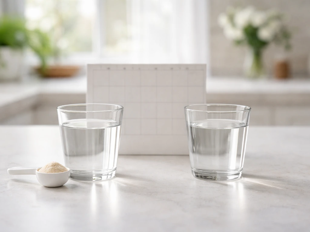 Minimal kitchen scene with two water cups and a blank calendar page suggesting a collagen vs placebo timeline.