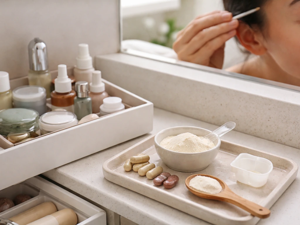 Bathroom vanity with generic supplements and a hand applying clear balm to eyebrows using a cotton swab.