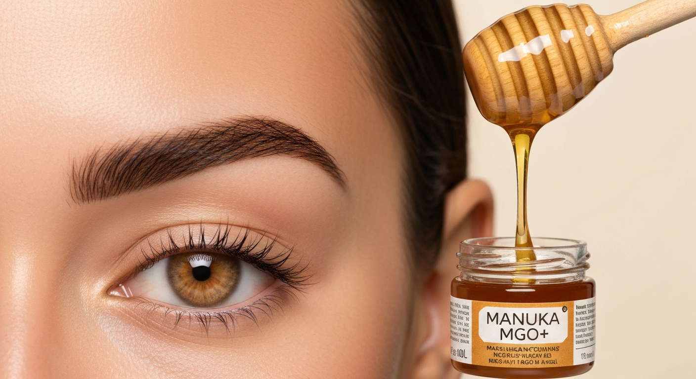 Close-up of an eyebrow next to a jar of Manuka honey and a honey dipper, illustrating honey used in eyebrow care.