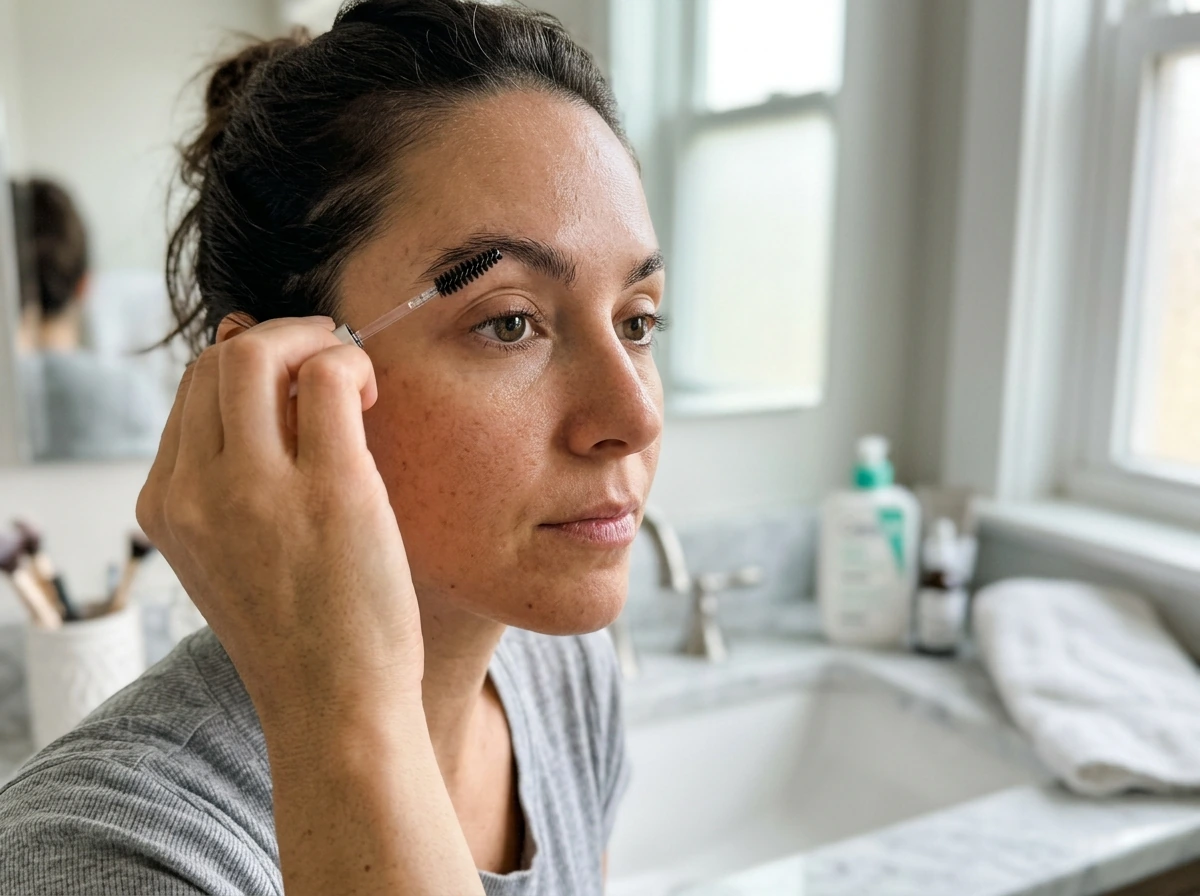 Applying brow serum with a spoolie on a sparse eyebrow in natural window light.