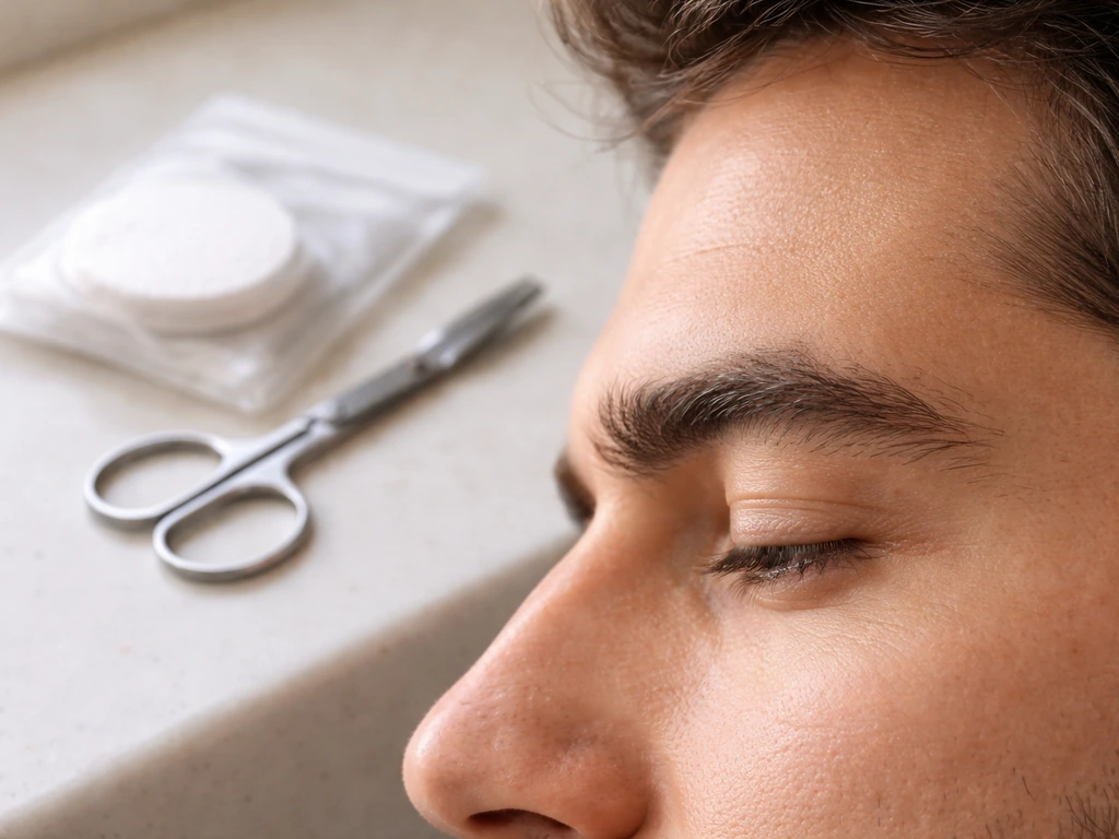 Close-up of neatly groomed eyebrow area with trimming tools nearby, suggesting stopping brow damage first.