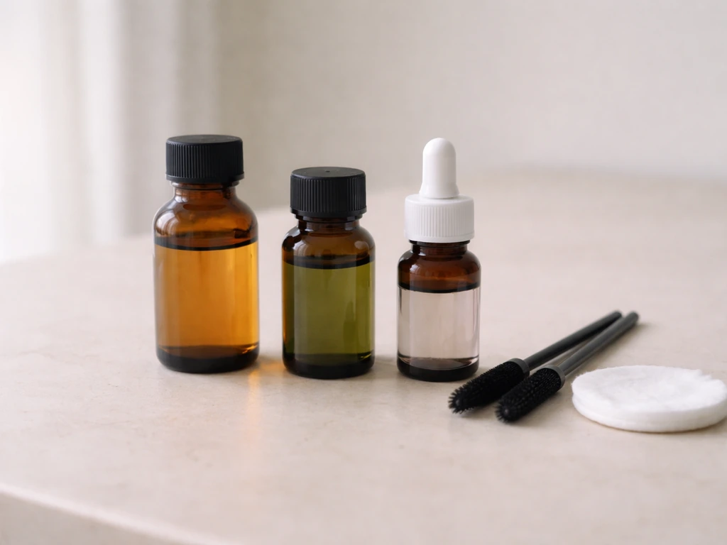 Three small bottles/jars and eyebrow applicator wands arranged on a clean tabletop under natural light.