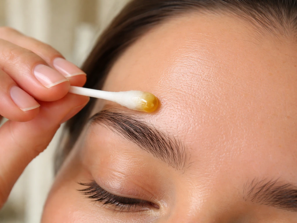 Close-up of a cotton swab applying diluted rosemary oil along the brow line.