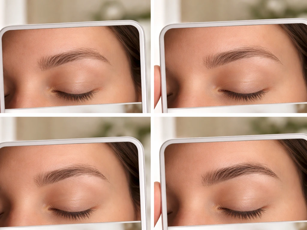 Close-up mirror reflections showing week-by-week eyebrow regrowth from sparse to fuller.