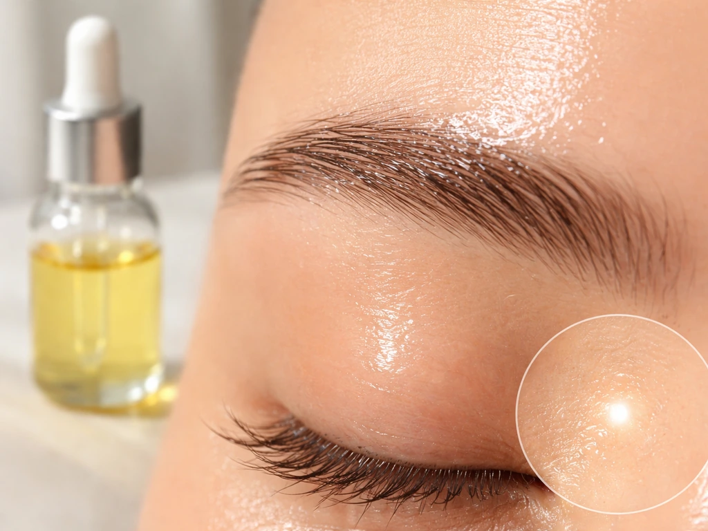 Close-up of eyebrow skin with a glossy vitamin E oil sheen beside a small dropper bottle.