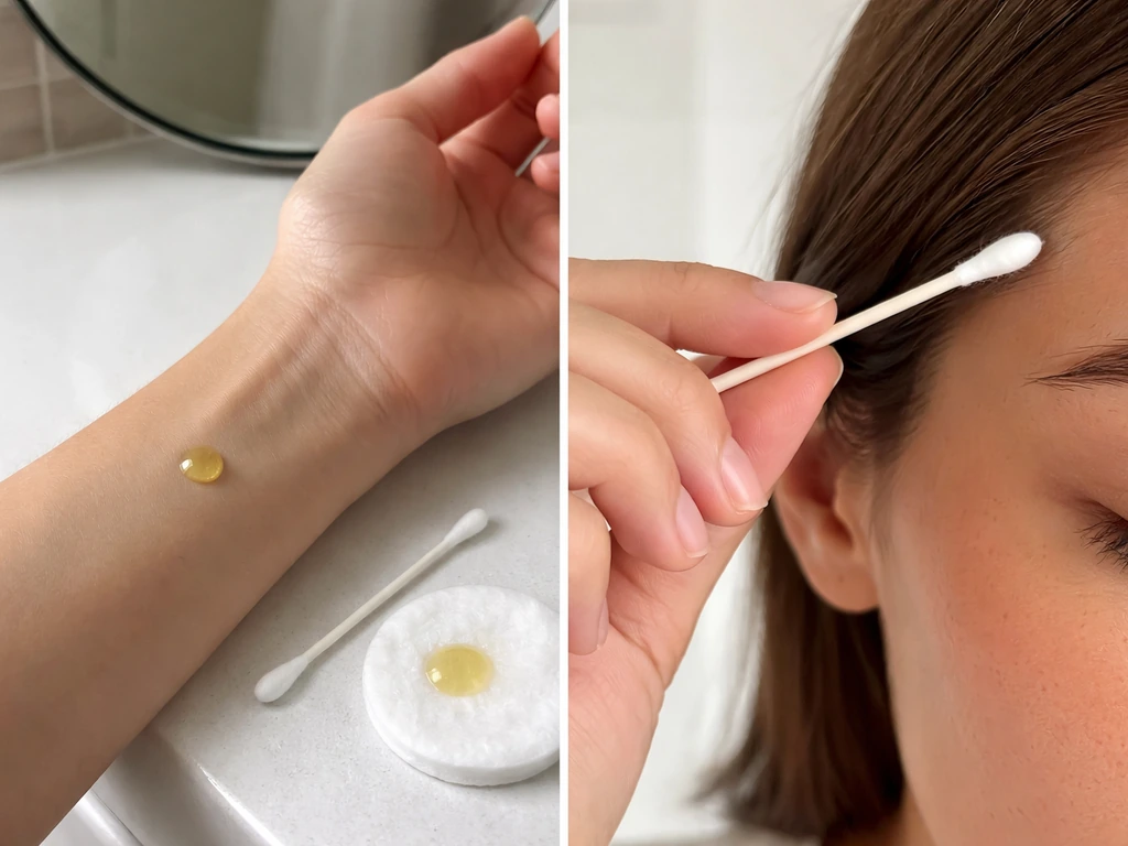 Anonymous hands do a vitamin E oil patch test on the wrist and prep a small brow application.