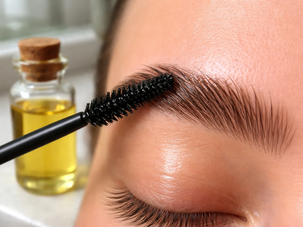 Close-up of castor oil being brushed through eyebrow hairs with a spoolie and small oil bottle.