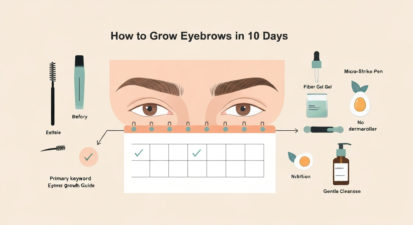 Infographic-style illustration showing a before-and-after eyebrow, a 10-day timeline, and brow-care tools like spoolie, brow pen, serum dropper, and a small dermaroller.