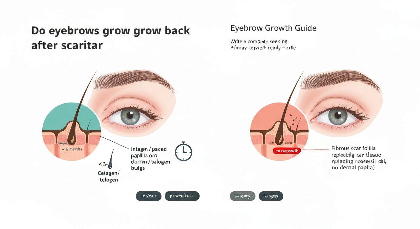 Illustration split-screen: left shows an eyebrow with a superficial scar and intact follicles in a skin cross-section; right shows a deep scar with fibrous tissue replacing hair follicles; labeled comparisons and treatment category icons.