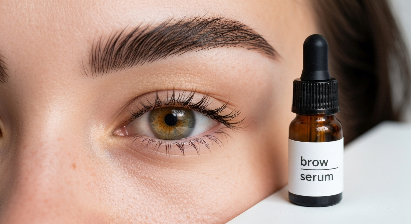 Close-up of an eyebrow area with a small amber dropper bottle labeled 'brow serum', showing healthy-looking eyebrow hairs and skin.