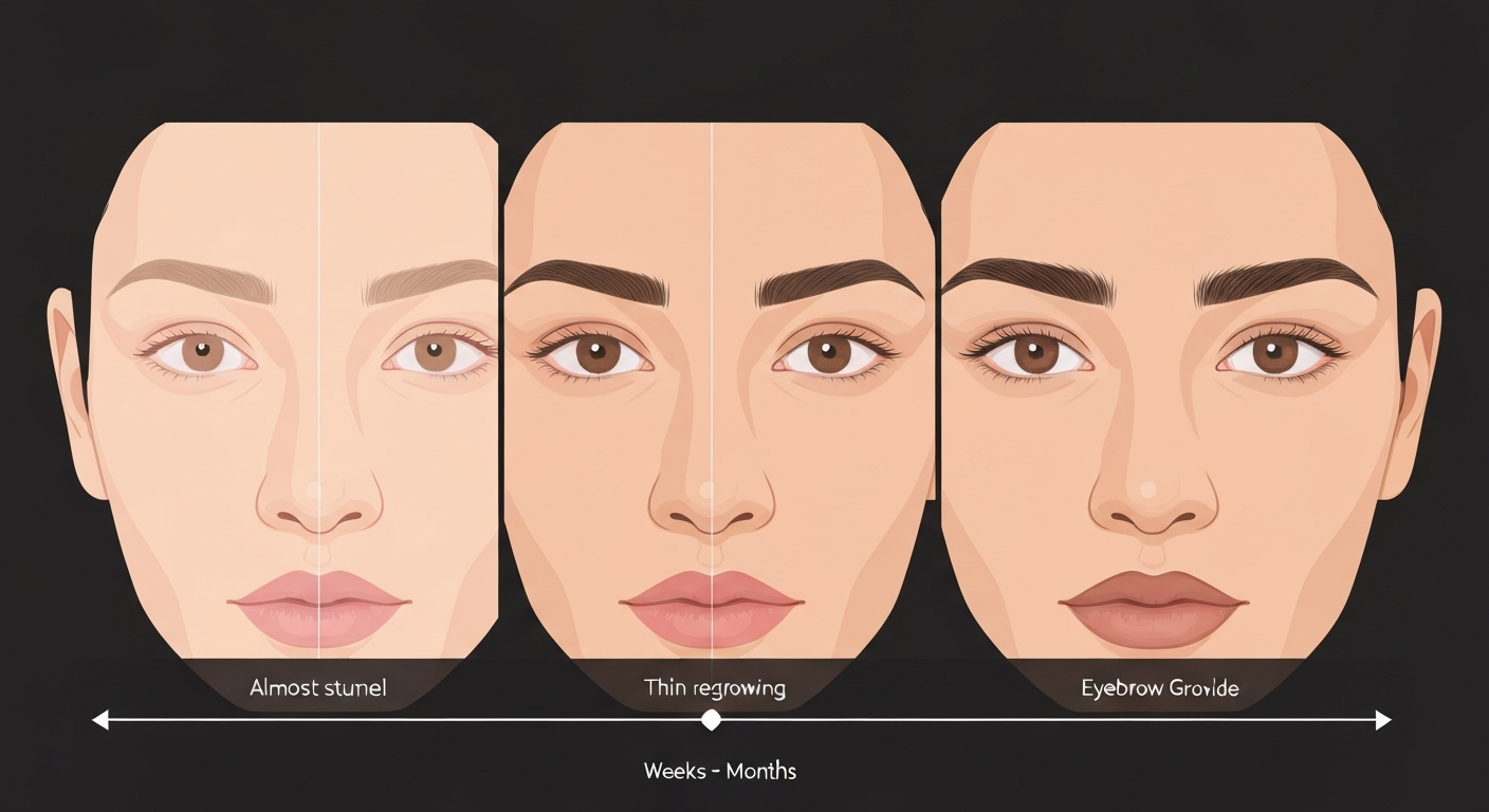 Illustration showing eyebrow regrowth stages from none to fuller over a weeks-to-months timeline.