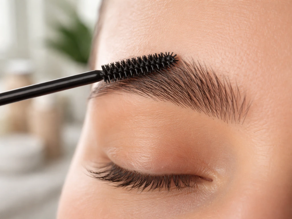 Closeup of a spoolie brushing eyebrows upward under soft natural light.
