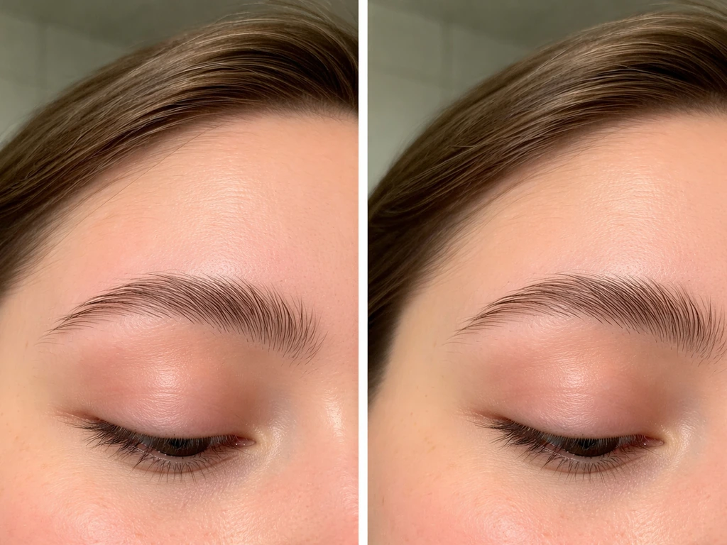 Split closeup eyebrows: left after 1 day with no new hairs, right after 1 week with tiny regrowth.
