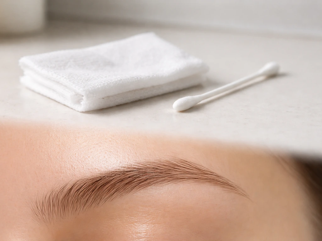 Close-up of a clean eyebrow area with a cotton swab and fragrance-free cleanser on a bathroom counter
