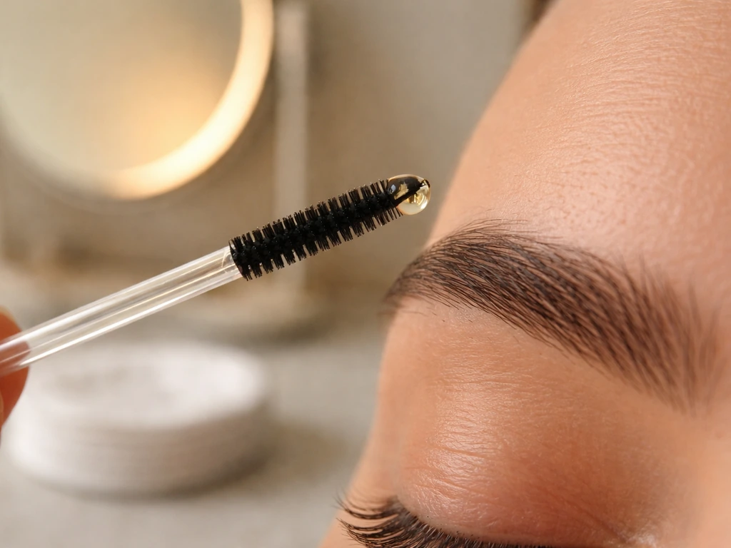 Tiny drop of castor oil on a spoolie poised above an eyebrow in a simple bathroom mirror setup