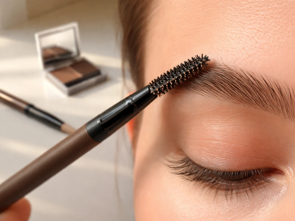 Close-up of a spoolie brushing fuller eyebrows and a brow pencil beside makeup tools