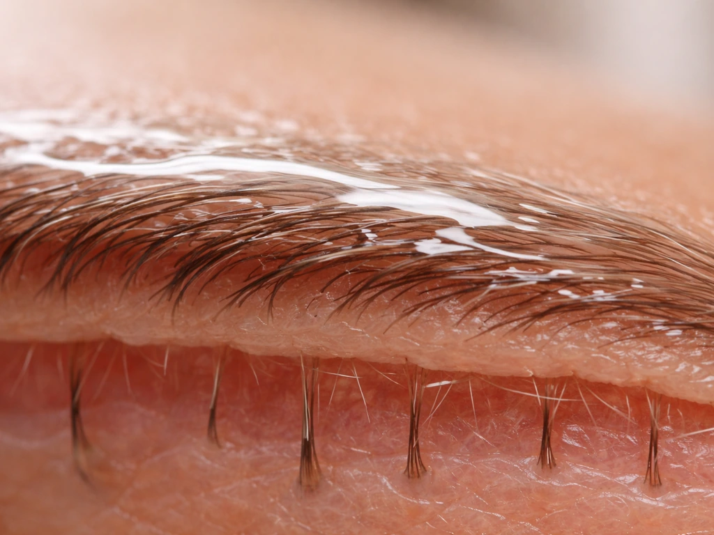 Close-up cutaway of brow skin with a thin petrolatum occlusive layer forming a barrier over the surface