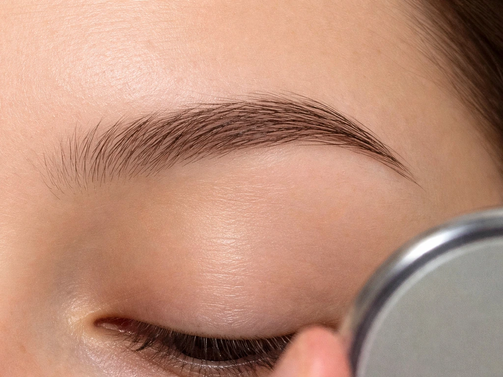 Close-up of a natural eyebrow showing subtle regrowth progression on plain skin background.