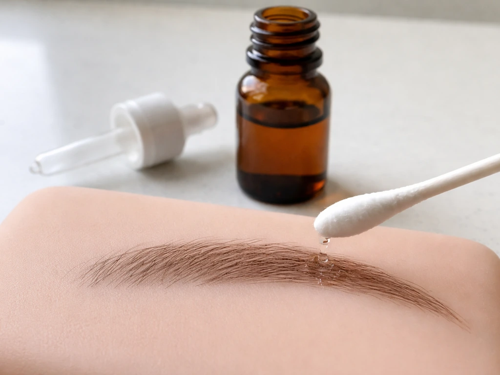 Minoxidil 2% bottle with a tiny dropper and cotton swab about to dab a small amount on sparse eyebrow stubble