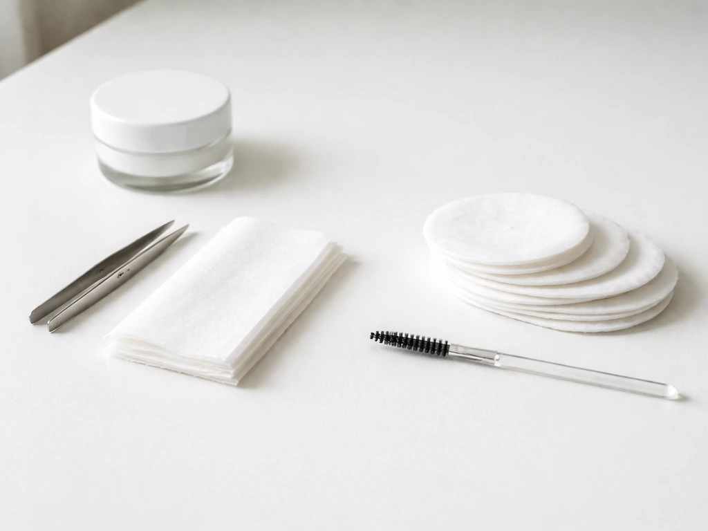 Minimal set of tweezers and waxing cloth beside cotton pads and a brush on a bathroom counter.