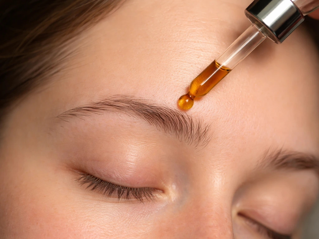 Close-up of sparse eyebrows as a dropper applies dark amber oil above the brow