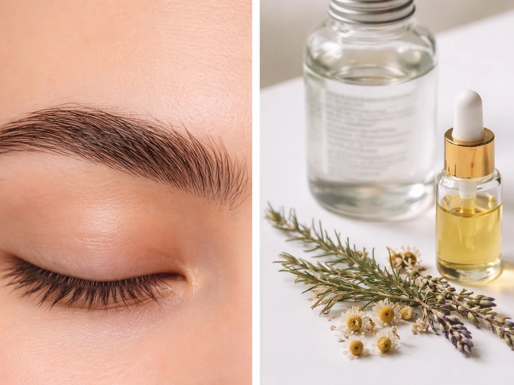 Split collage: eyebrow close-up and blurred ingredient-focused macro with golden oil and botanicals.