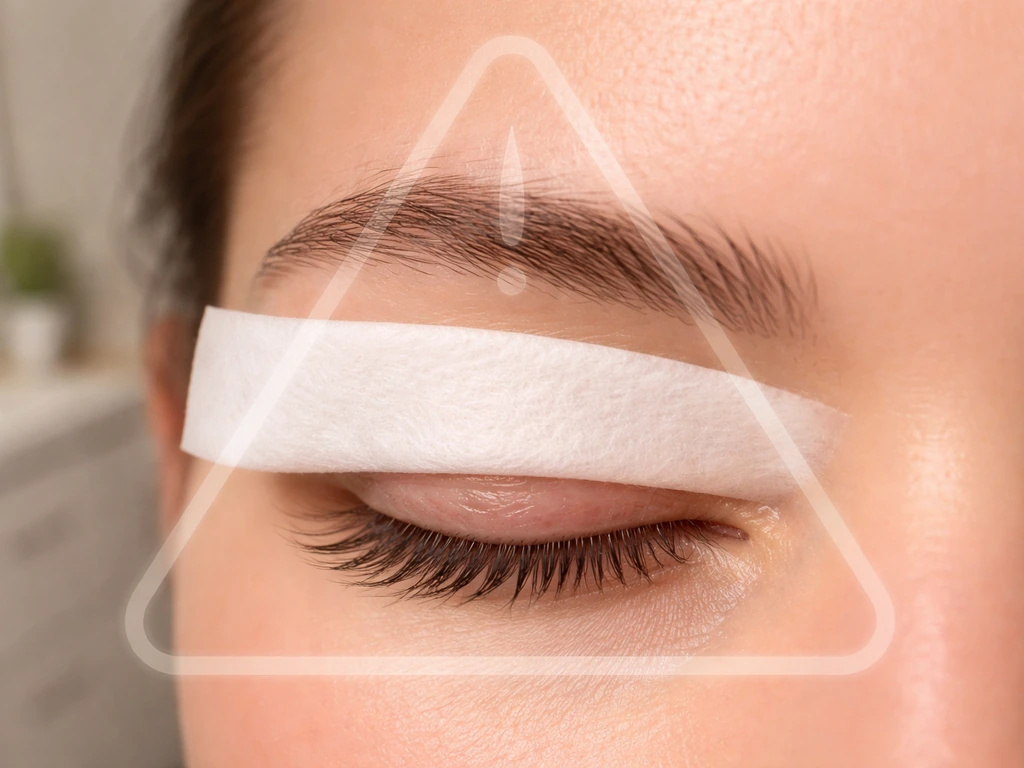 Close-up of brow and lash line area with a clean barrier wipe indicating keeping oil away from inner corner.