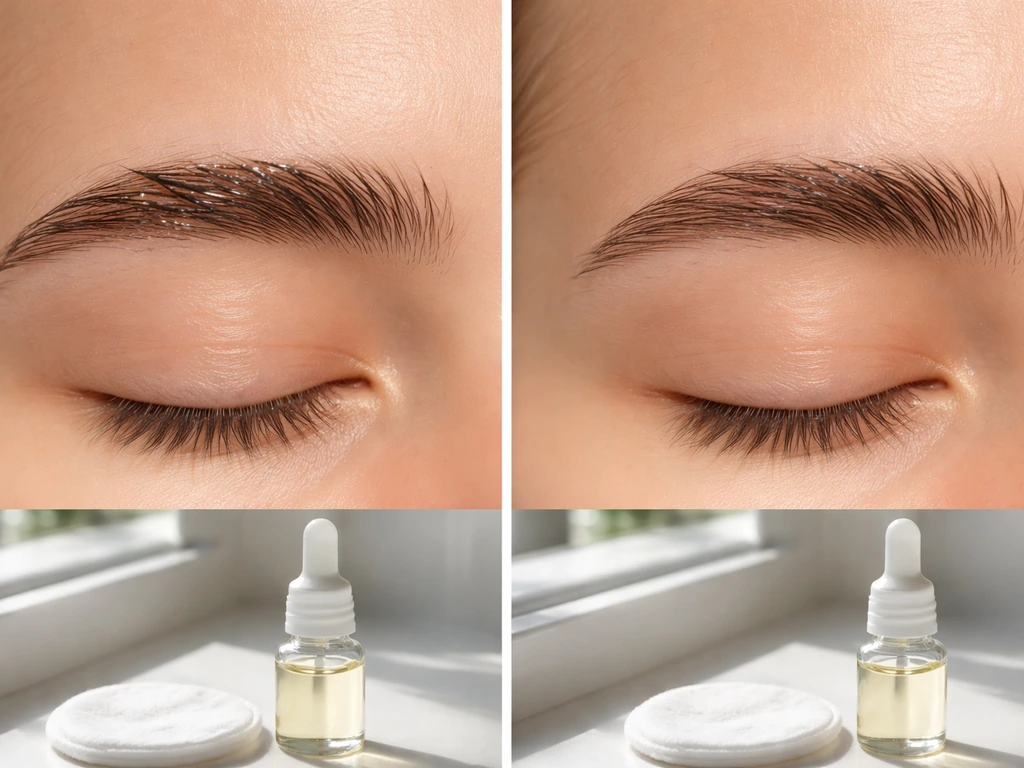 Close-up of brows showing thick oil buildup vs a clean, lightly coated application with a dropper and cotton pad.