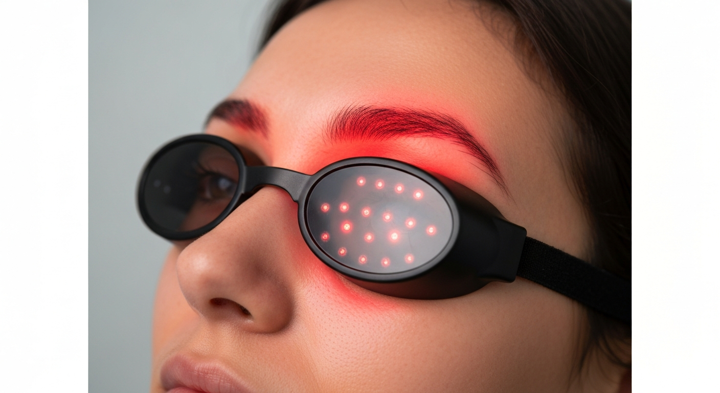 Close-up of eyebrow area receiving red light therapy from an LED device; person wearing protective goggles.