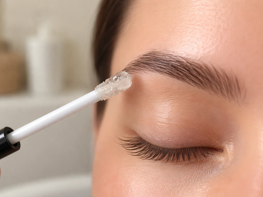 Close-up of a grooming wand with a small amount of petroleum jelly above a groomed eyebrow.
